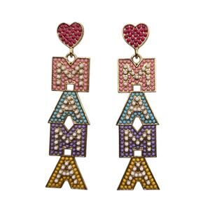 Pierced Earrings Beaded MAMA Drop Style Pink Purple Yellow Tone Setting SKU 2798